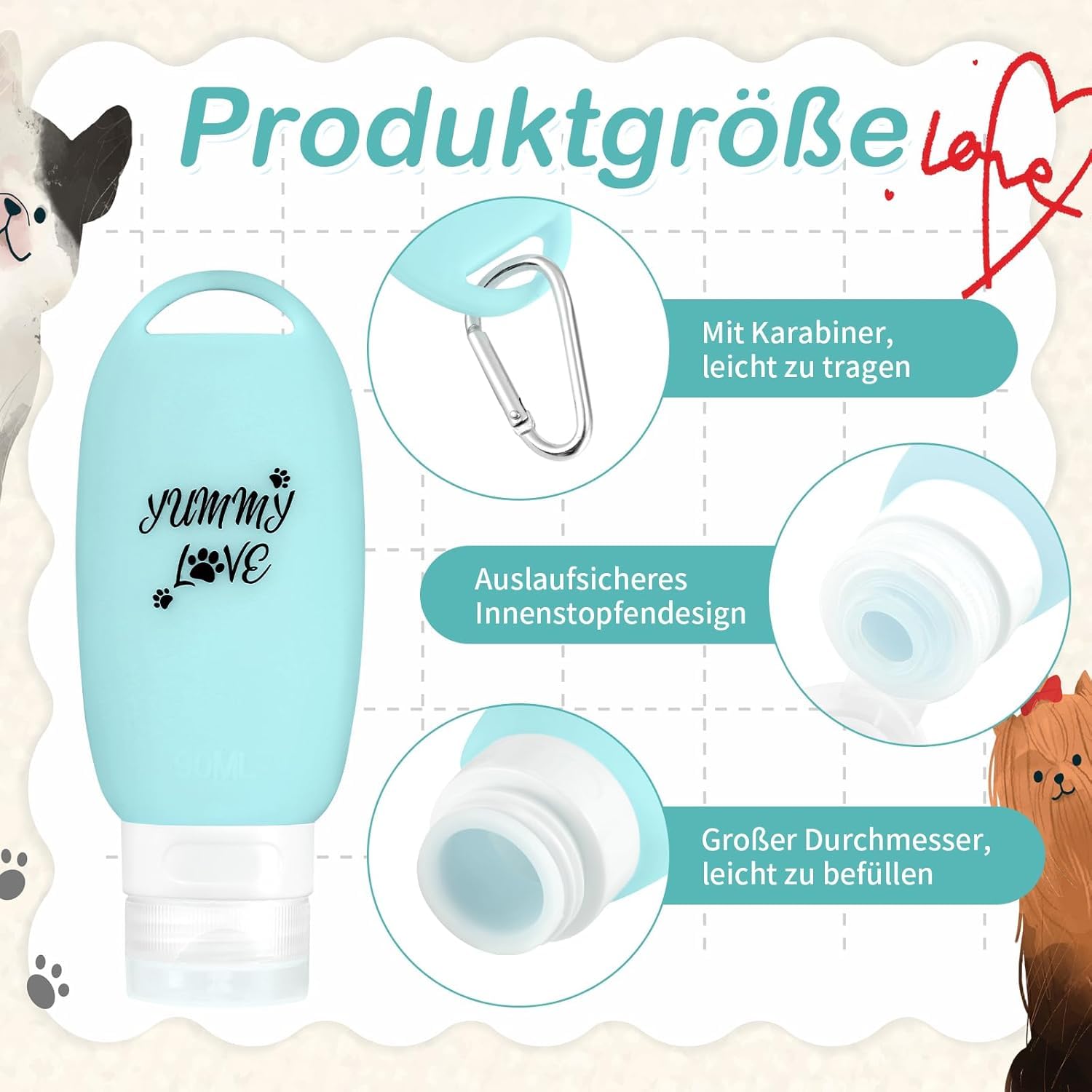 BEIMEIII Tubki na karmę dla psów, 90 ml, tubki do napełniania dla psów z karabińczykiem, butelki do napełniania na mokrą karmę, akcesoria, silikonowe, do treningu psów, zielone