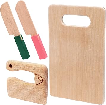 VAIPI 4 Pcs Wooden Kids Knives Cooking Utensils for Kitchen Cooking Childrens Safe Knives Kids Cute Kitchen Tools with Rectangle Cutting Board for Cooking Kitchen Veggies Lettuce Fruits Salad Cake