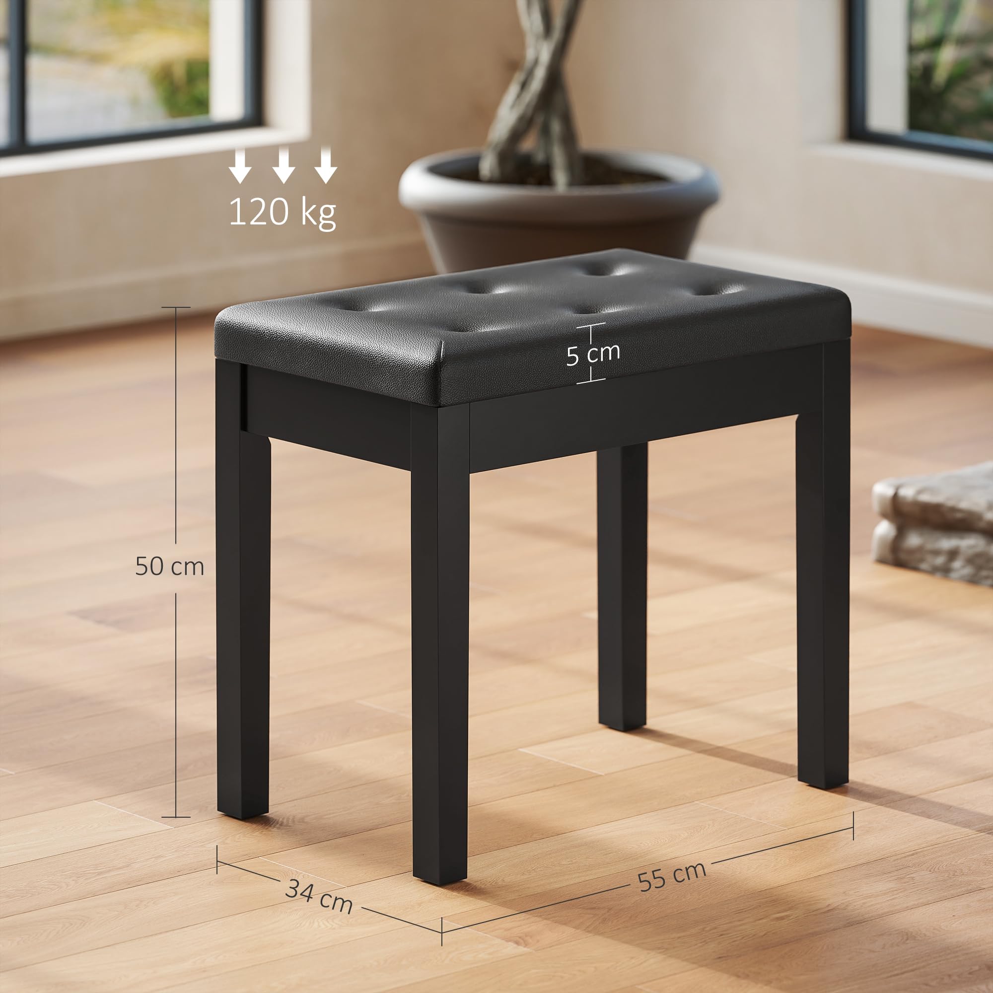 HOMCOM Banc de piano avec espace de rangement, pieds en bois et cuir synthétique, noir, 55 x 34 x 50 cm