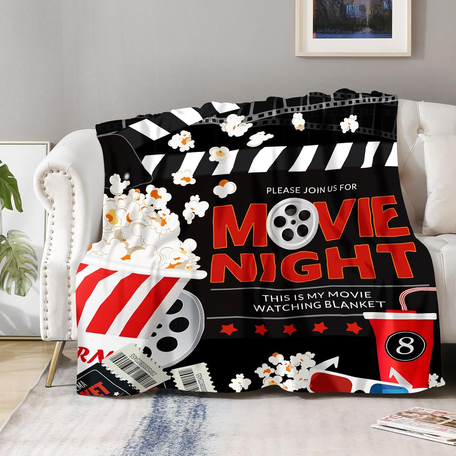 Aimego Movie Night Gifts Blanket Vintage Cinema Popcorn Movie Reel Decor Throw for Women Kids Adults Teens Soft Lightweight Fleece Cozy Fuzzy Birthday Christmas Blankets 50"x60" - Image 5