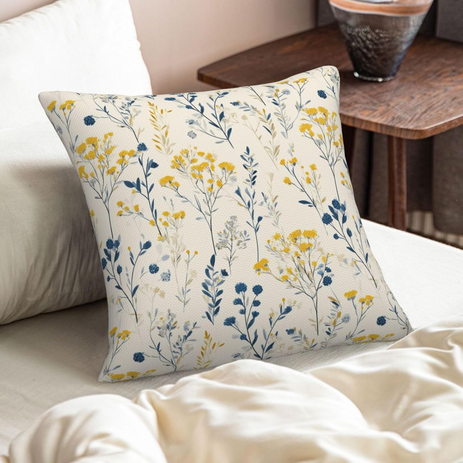 KiuLoam Navy Blue and Yellow Rustic Wildflower Pillow Covers 22x22 Inch Set of 2 Rustic Decorative Throw Pillows Outdoor Neutral Farmhouse Cushion Cases for Sofa Couch Bed Decor