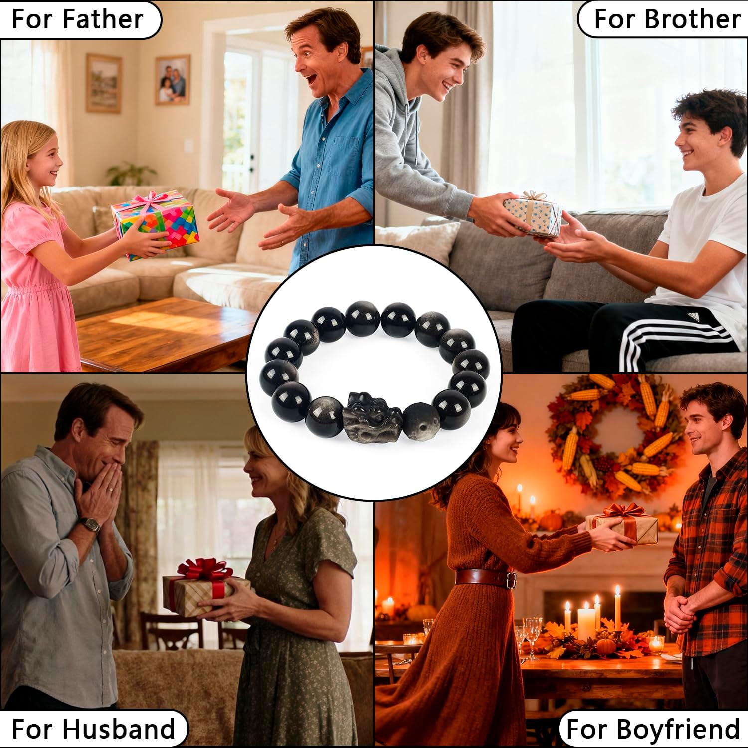 Natural Obsidian Bracelet For Men 10MM | Adjustable Stone Beaded Bracelet | Handmade Obsidian Stretch Elastic Bracelet for Men Women Gifts | with Dragon-Head Sculpture | Black and Silver 7.5" - Image 7