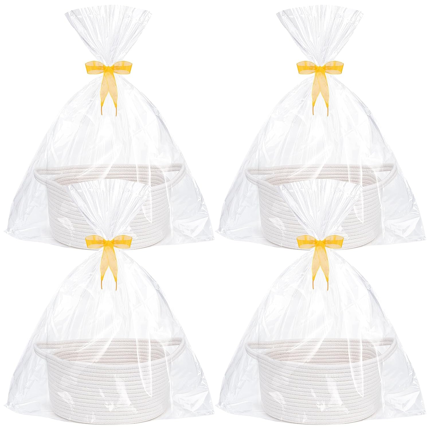 Fantasyon 4 Pack Woven Storage Baskets with Gift Bags & Ribbons - 12x8x5 Inch Small Rope Basket for Dog Cat Toys, Easter Christmas Gifts, and Home Organization