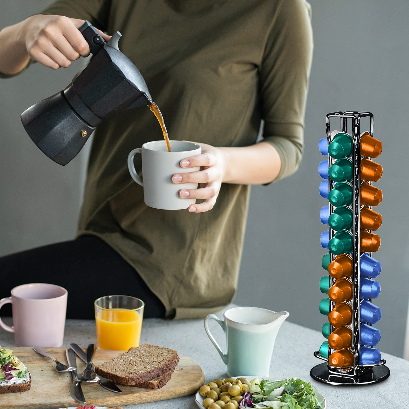 Frasheng Soportes para Cápsulas de Café,Puede Contener 40 cápsulas,360 Grados Giratorio,La base de fieltro y antiarañazos protege,Hecho de metal,Negro