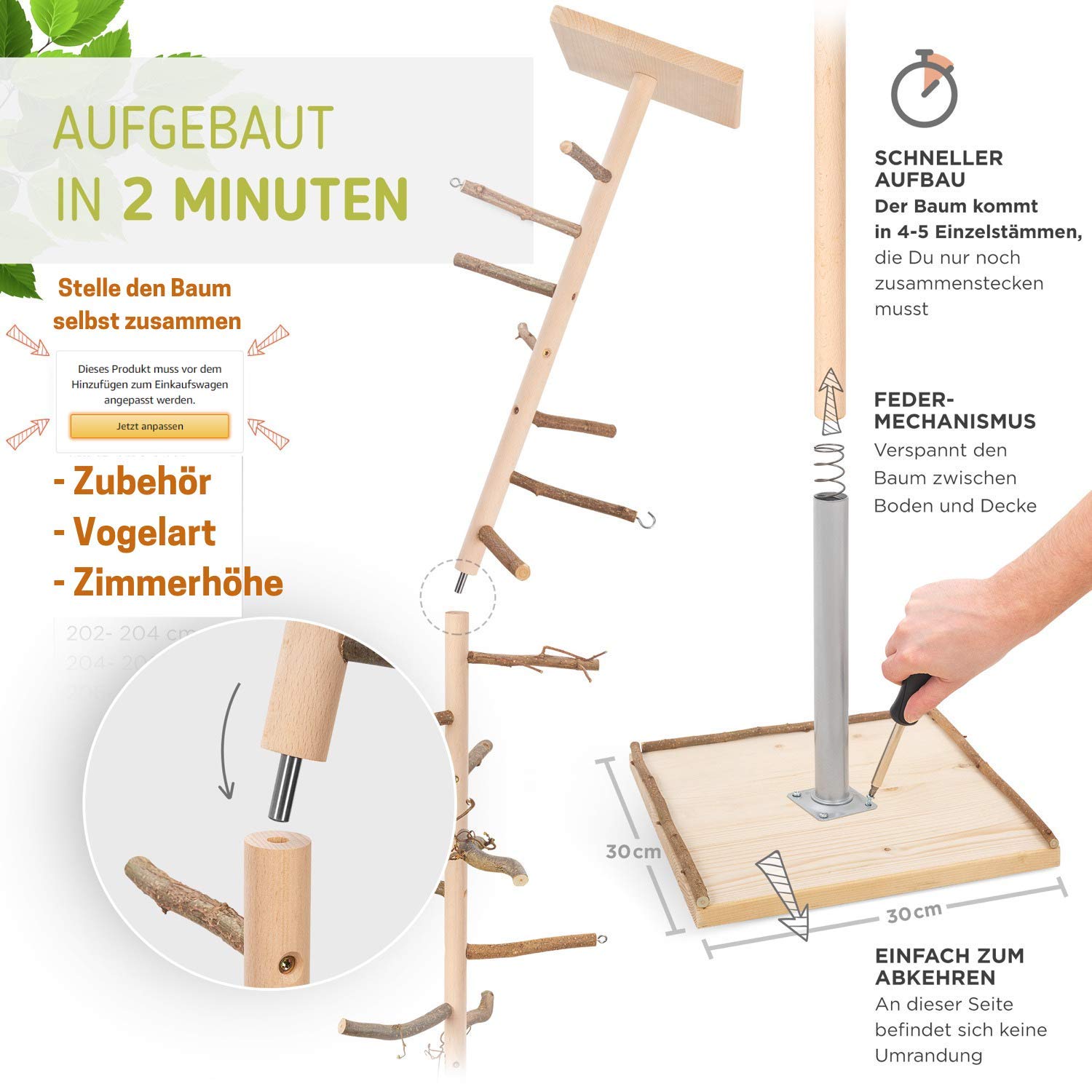 Vogelgaleria® Zimmerhoher Vogel Kletterbaum selbst konfigurierbar mit Naturholz-Sitzstangen, Vogelspielzeug, Vogelschaukel | Vogelspielplatz und Freisitz für Wellensittich, Nymphensittich & Co.