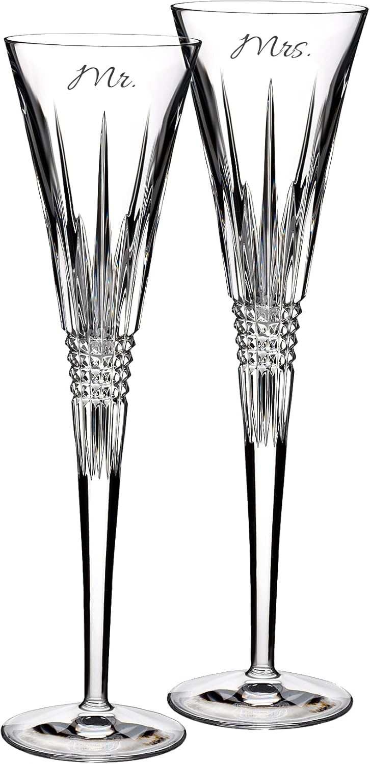 Waterford Personalized Lismore Diamond Wedding Champagne Toasting Flutes, Set of 2 Custom Engraved Crystal Champagne Glasses for Bride and Groom