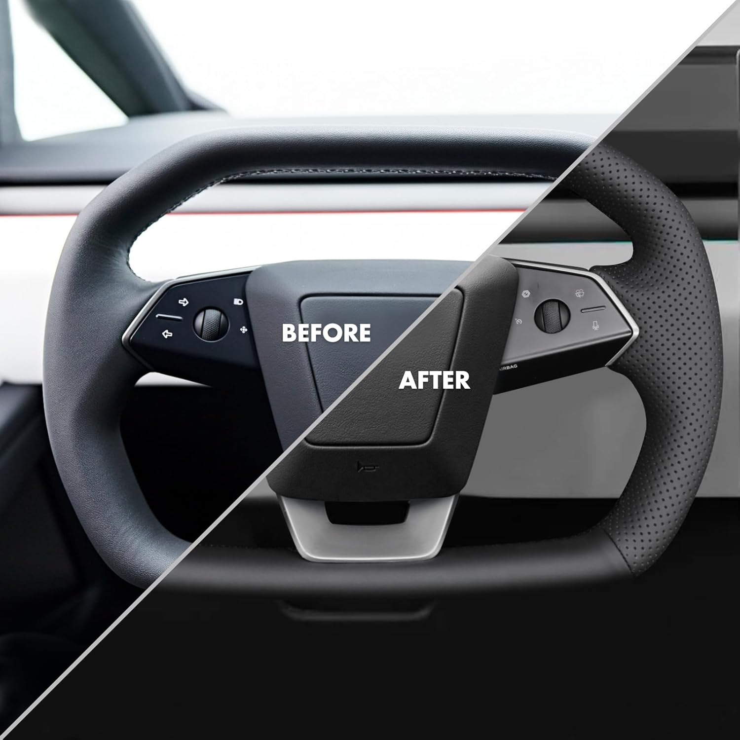 MEWANT Steering Wheel Cover Fit for Tesla Cybertruck 2023 2024 2025 Accessories of Black Perforated Microfiber Leather Steering Wheel Wrap