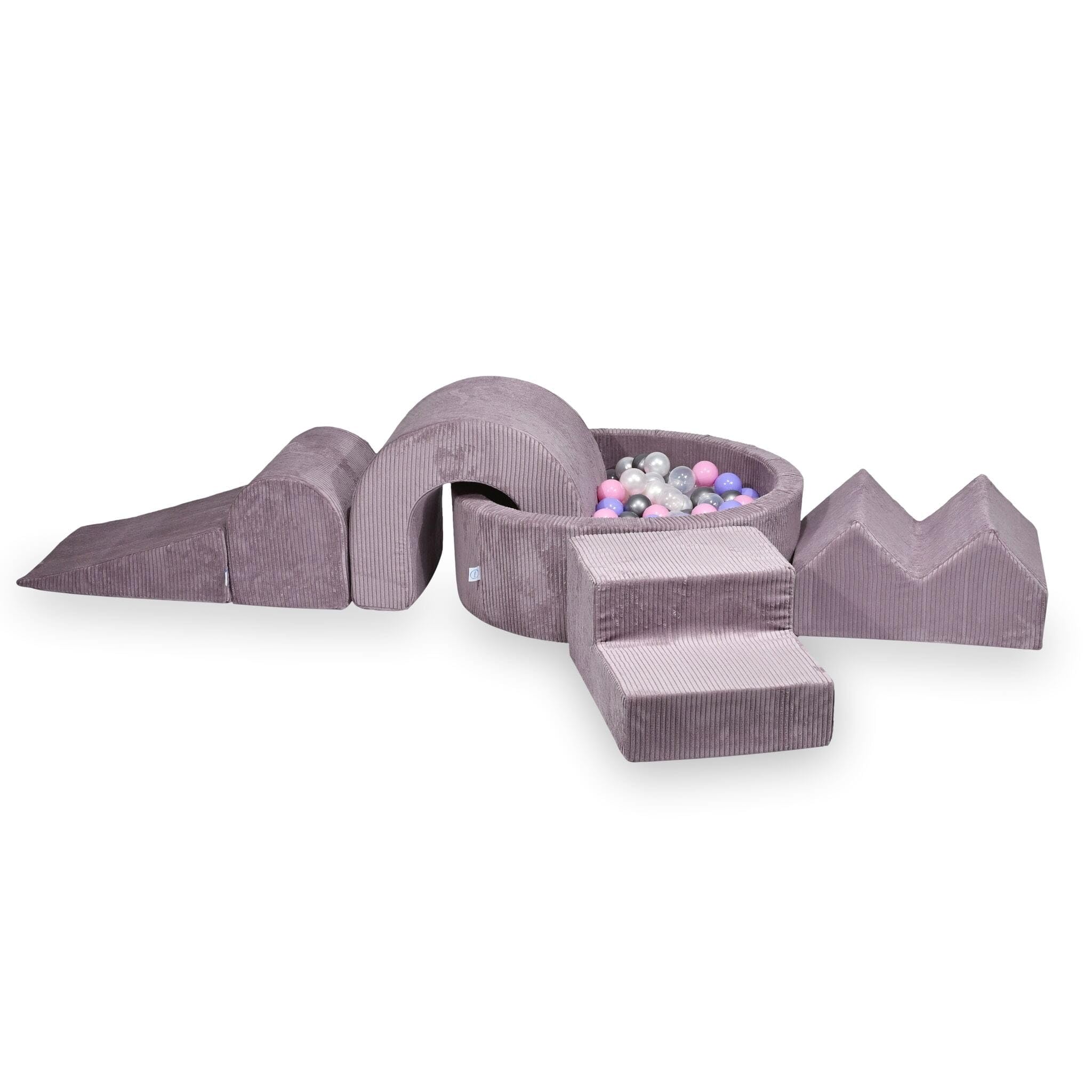 Mimii Parco giochi in schiuma con piscina di palline rotonda, 90 x 30 cm, color lavanda, 5 elementi, giocattolo da arrampicata per bambini e neonati, con 200 palline: trasparente/bianco/rosa cipria