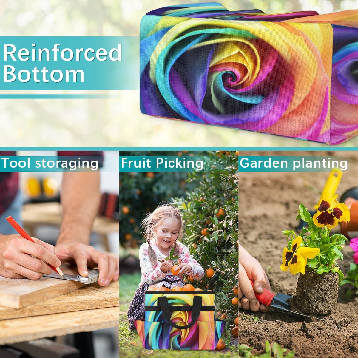 Colorful Rainbow Rose Garden Tool Bag Waterproof Gardening Tool Storage Bag with Handle & 10 Pockets Gardening Tote Bag for Women Garden Tool Organizer