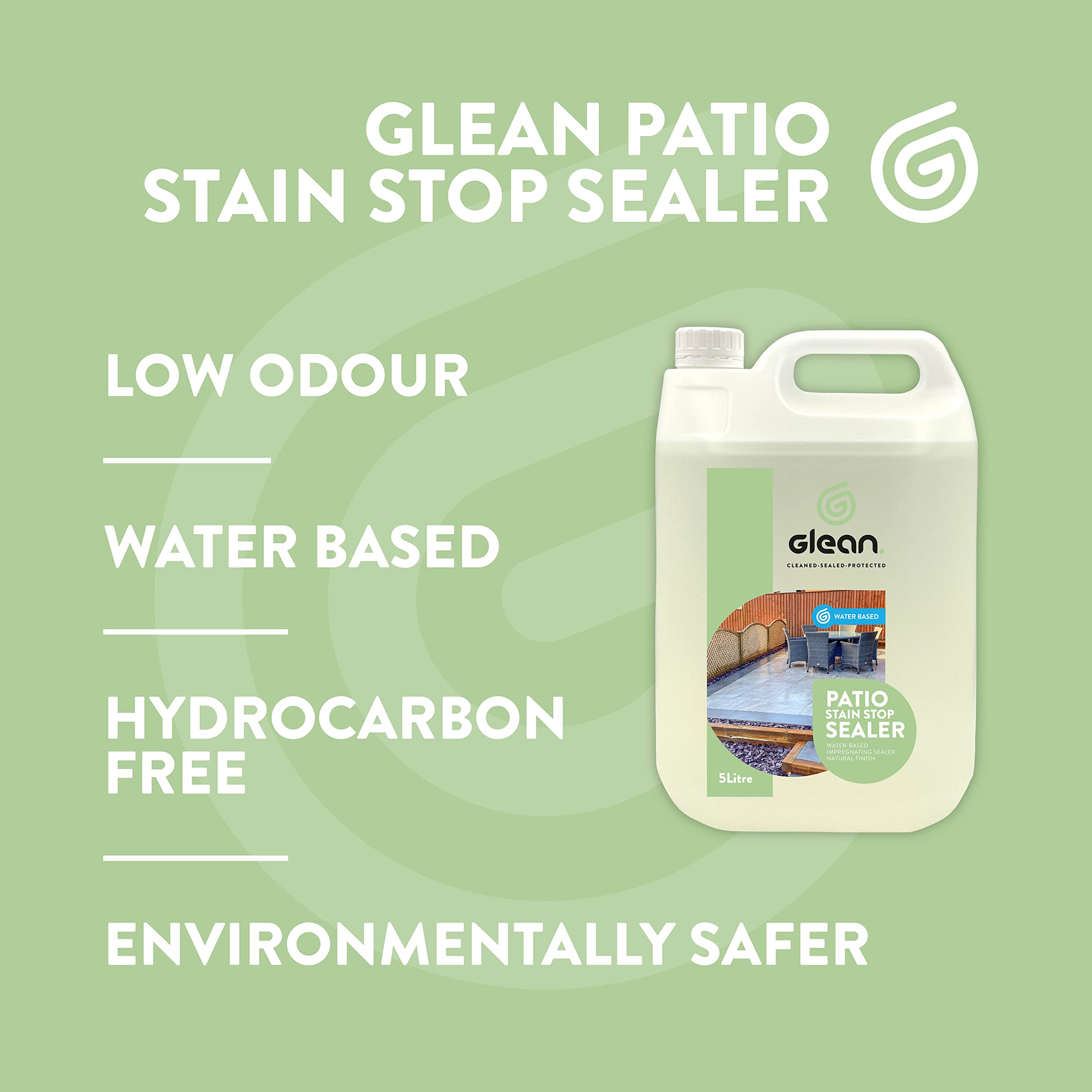 GLEAN Sellador antimanchas para patios | Sellador impregnante base agua | Patios y suelos de piedra natural | Protege contra aceite, grasa, suciedad, cal y manchas de agua | Acabado natural | 5 Litros