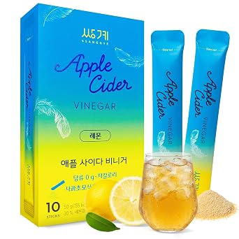 Ssanggye Apple Cider Vinegar - Lemon | 5g x 10 Sticks total 1.76oz | Sugar-Free Vinegar Drink Powder Beverage, Ready to Daily Drink | Individual Packets Single Serve Sachets for On-The-Go