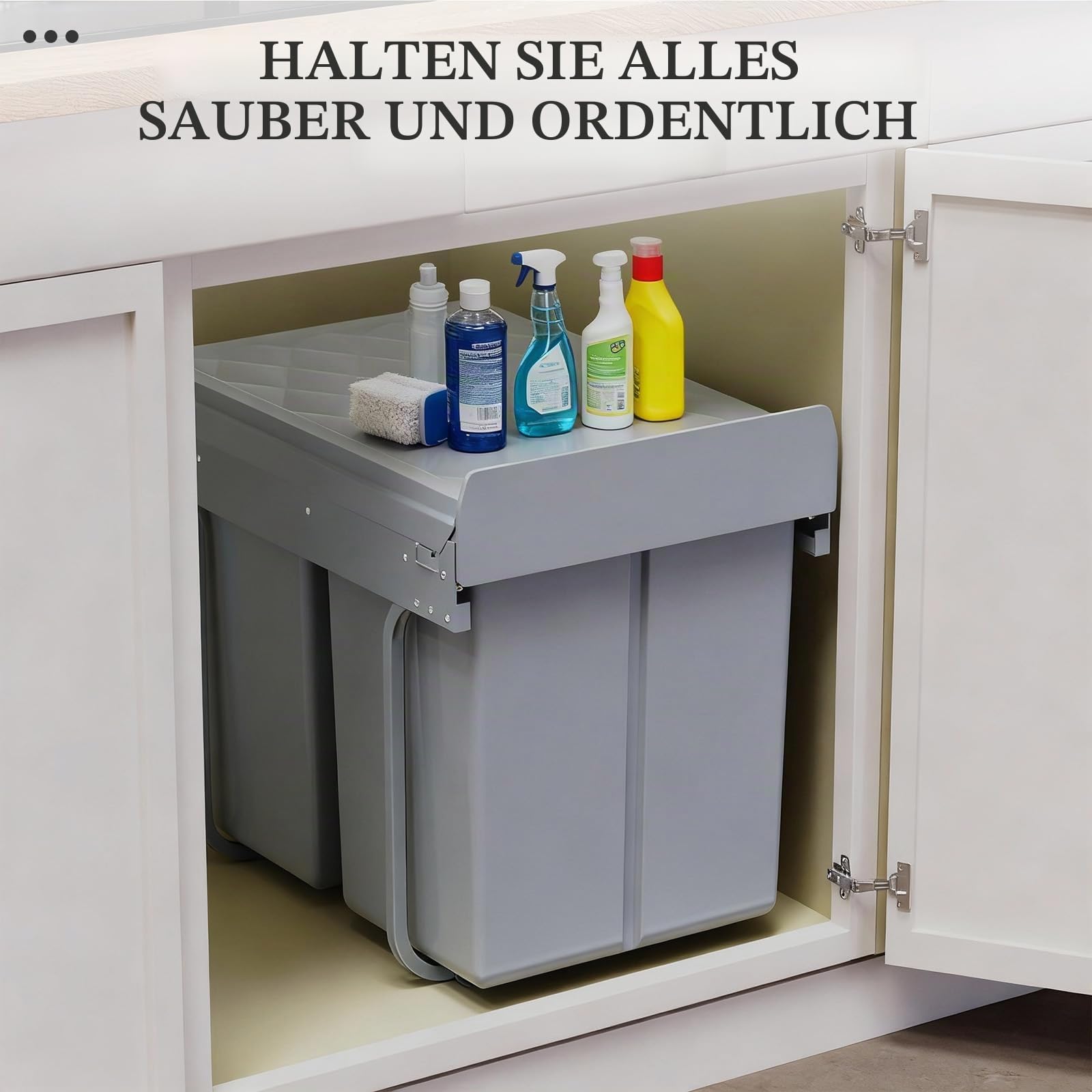Soontrans Mülleimer Küche Unterschrank, Einbaumülleimer Küche mit 2x 20L Ausziehbarer Abfalleimer, Teleskopschienen, Mülleimer unter Spüle, Stahl und Kunststoff, Abfallsammler Mülltrennsystem(Grau)