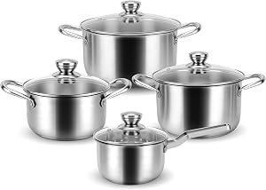 8PCS Nonstick Cookware Set, Thickened Kitchen Soup Pots and Pans Set with Glass Lids & Double Handle, Induction Cookware, Space Saver, Dishwasher and Oven Safe up to 500°F