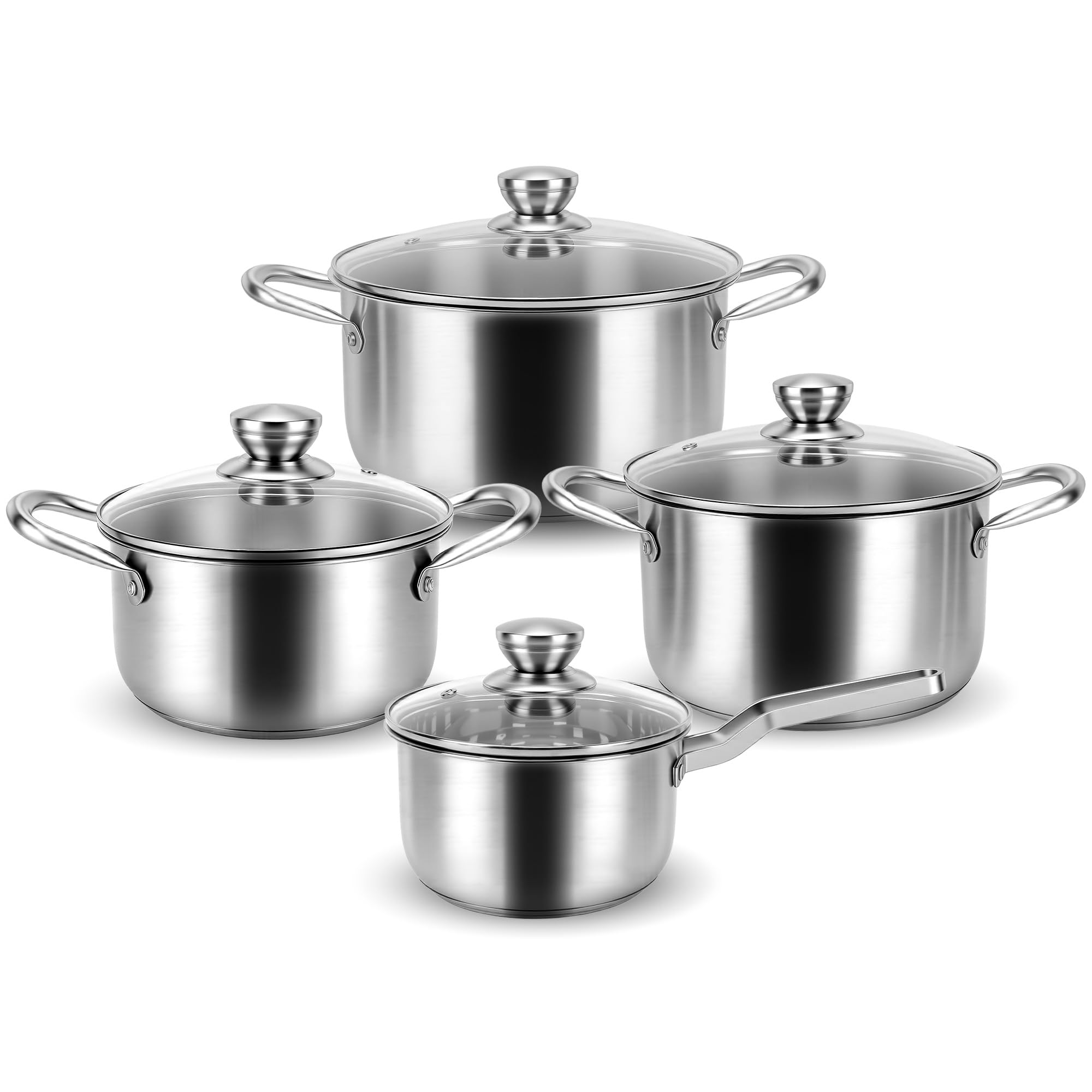 Batería de Cocina 8 Piezas Acero Inoxidable 304, Juego de Ollas y Sartenes Inducción con Tapas de Cristal, Cacerolas Multicapa para Todas las Cocinas, Fácil Limpieza