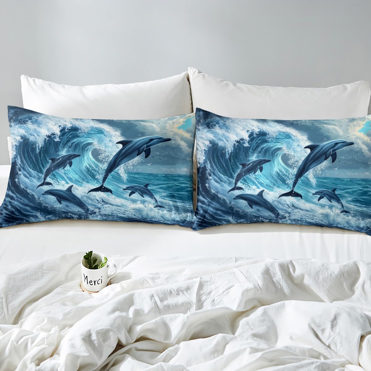 Dolphin Duvet Cover Set Toddler,Ocean Waved Jumping Dolphin Comforter Cover 2pcs for Boys Teens,Nauticall Sea Animal Quilt Cover,1 Pillowcase(No Comforter),Seaside Farmhouse Style Quilt Cover