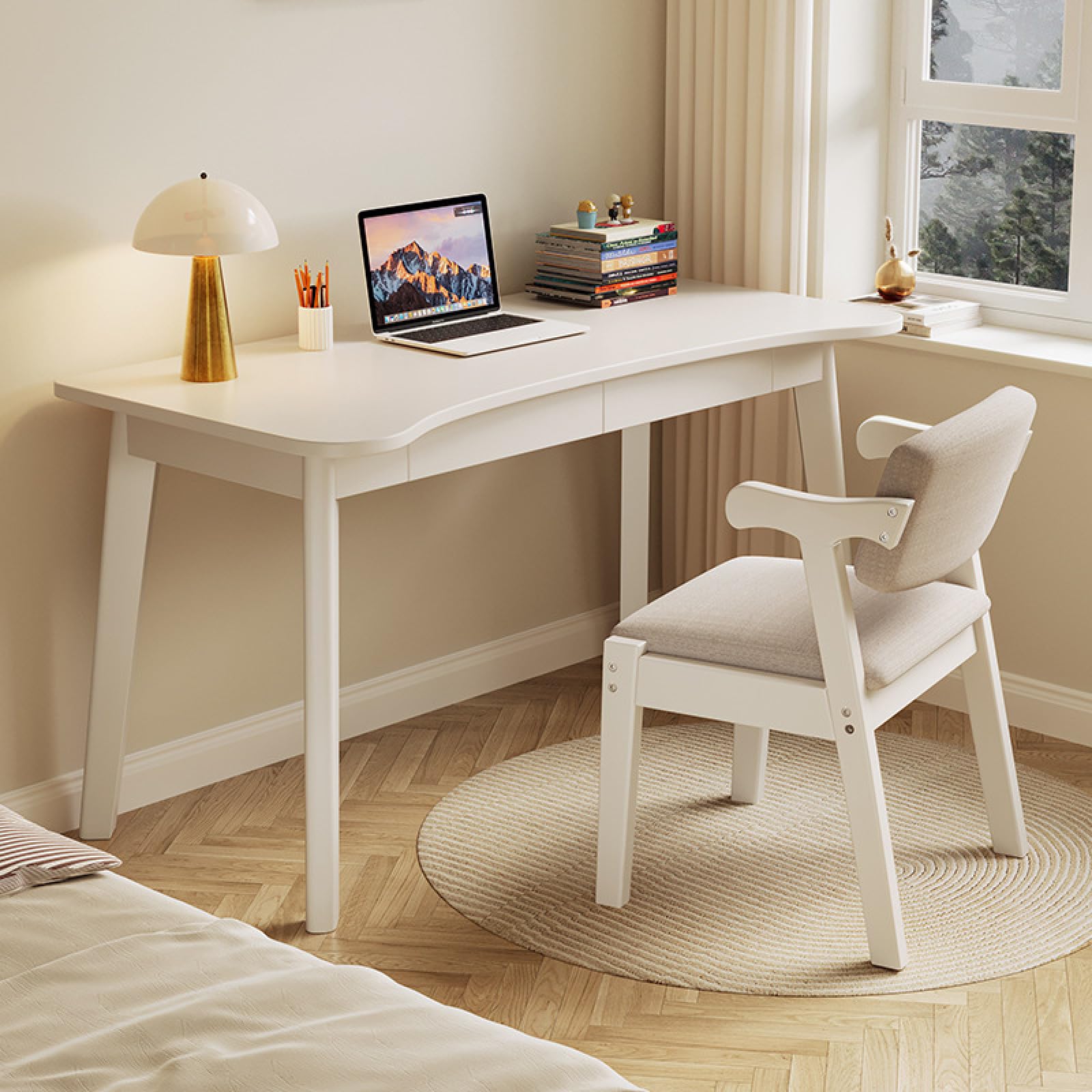 Biurko do pisania z litego dębu 70 cm domowe biurko z Sto Ders Nowoczesna biała zakładka do nauki z zakrzywionym blatem, mała sypialnia, futro, E i funkcjonalny design