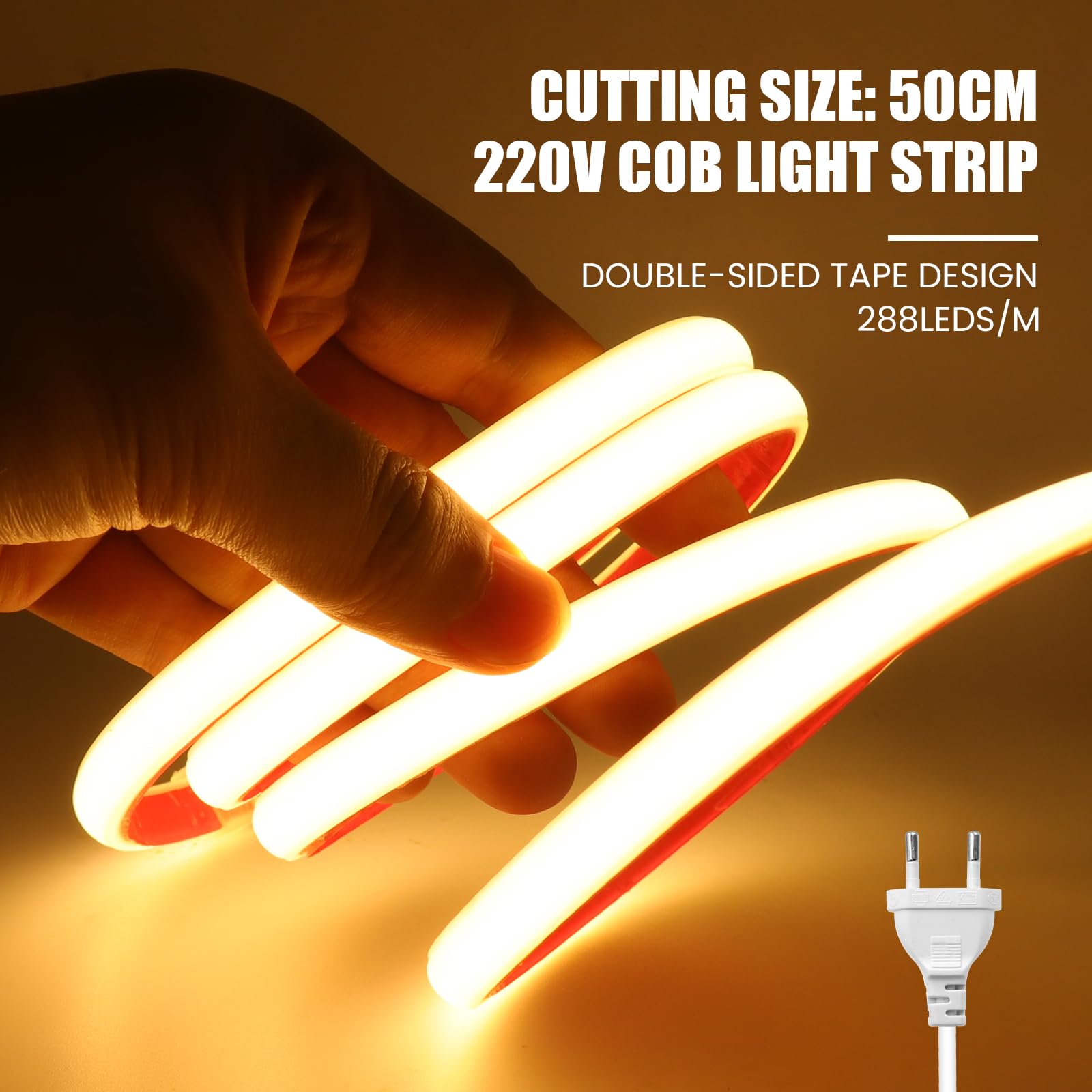 AC220-240V Neon LED Streifen Selbstklebend, 8M 288LEDs/m Superhell Flexible FCOB LED Leuchtband (Schnitt alle 50cm), IP65 Warmweiß COB LED Band mit Stromkabel für Weihnachten, Party-Deko