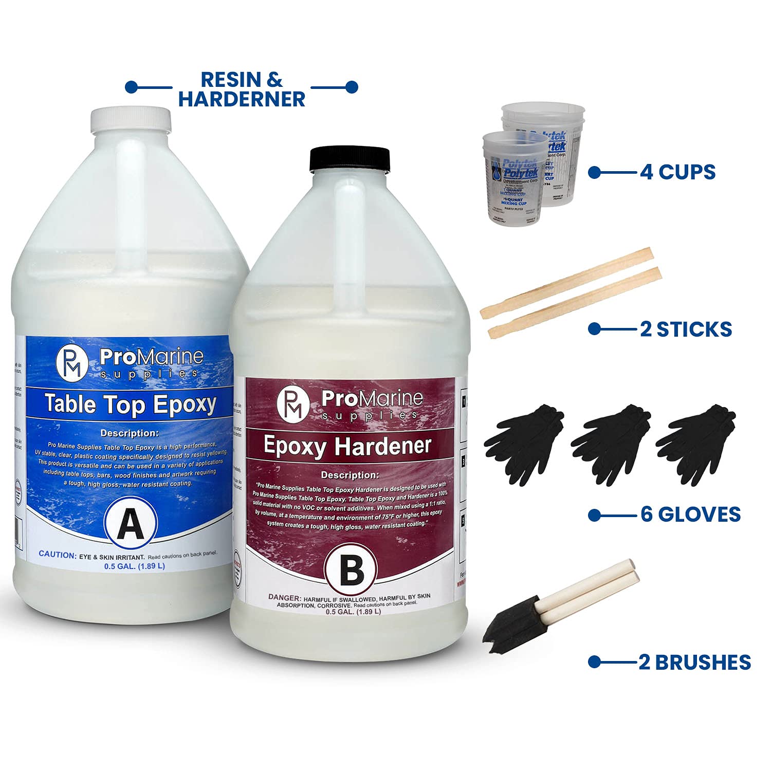Pro Marine Supplies Crystal Clear Table Top Epoxy Resin & Hardener (2-Part 1 Gallon Combined Kit) with Cups, Brushes, Gloves, Sticks | UV-Resistant Gloss Coating for DIY Bar, Countertops, Woodworking: Industrial & Scientific