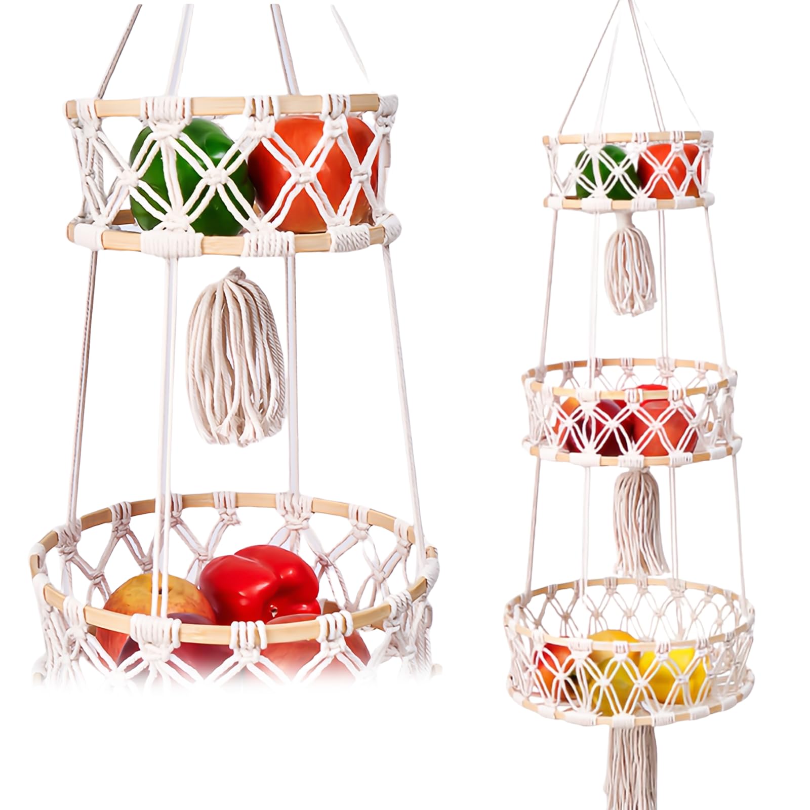 Cesta de frutas colgante para ahorrar espacio en encimeras con su diseño tejido de 3 niveles