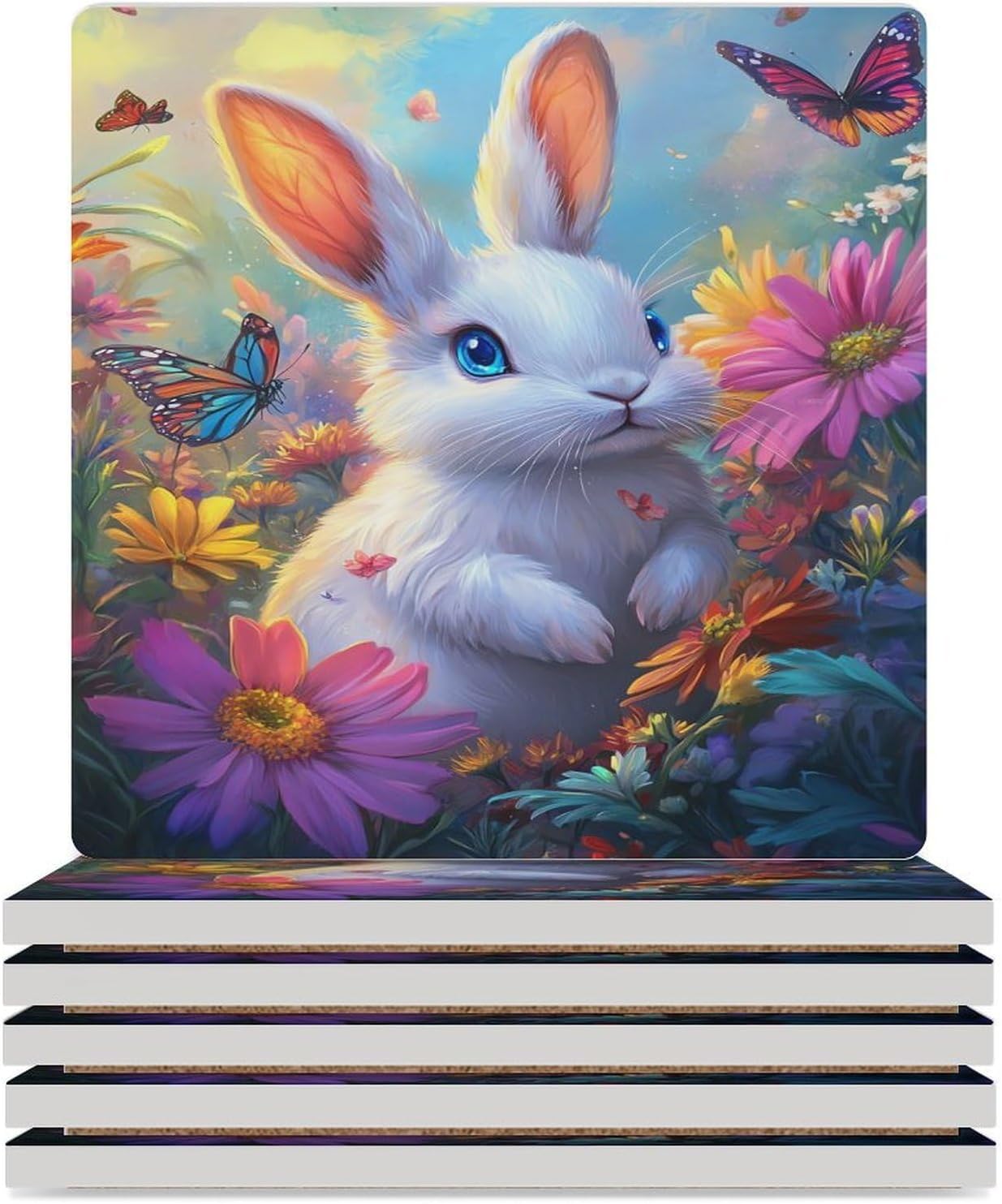 Cute Bunny Flowers Ceramic Coasters Set Square Drink Coasters Table Coaster for Kitchen Desktop Decor
