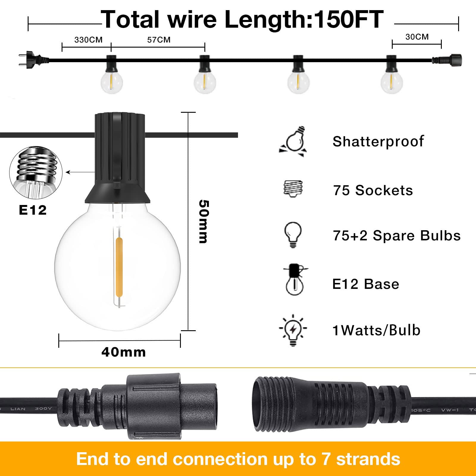 Catene Luminose Esterno, 45.7M / 150FT G40 Lampadine LED, con 75+2 Plastica, Impermeabile Luci da Giardino Stringa Decorative, Festa, Matrimonio