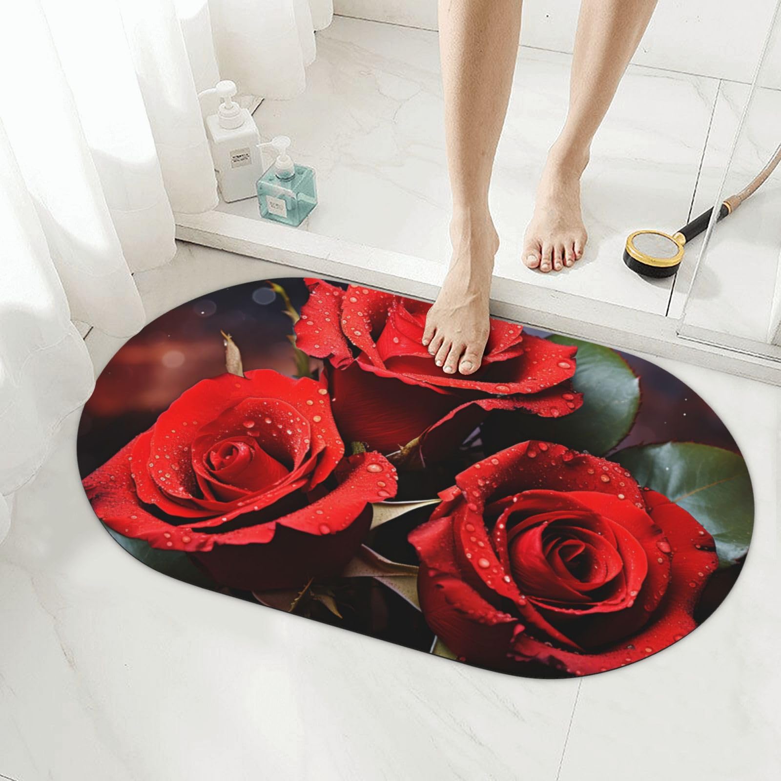 Tapis de bain en pierre de diatomite avec roses rouges pour douche 50x80 cm
