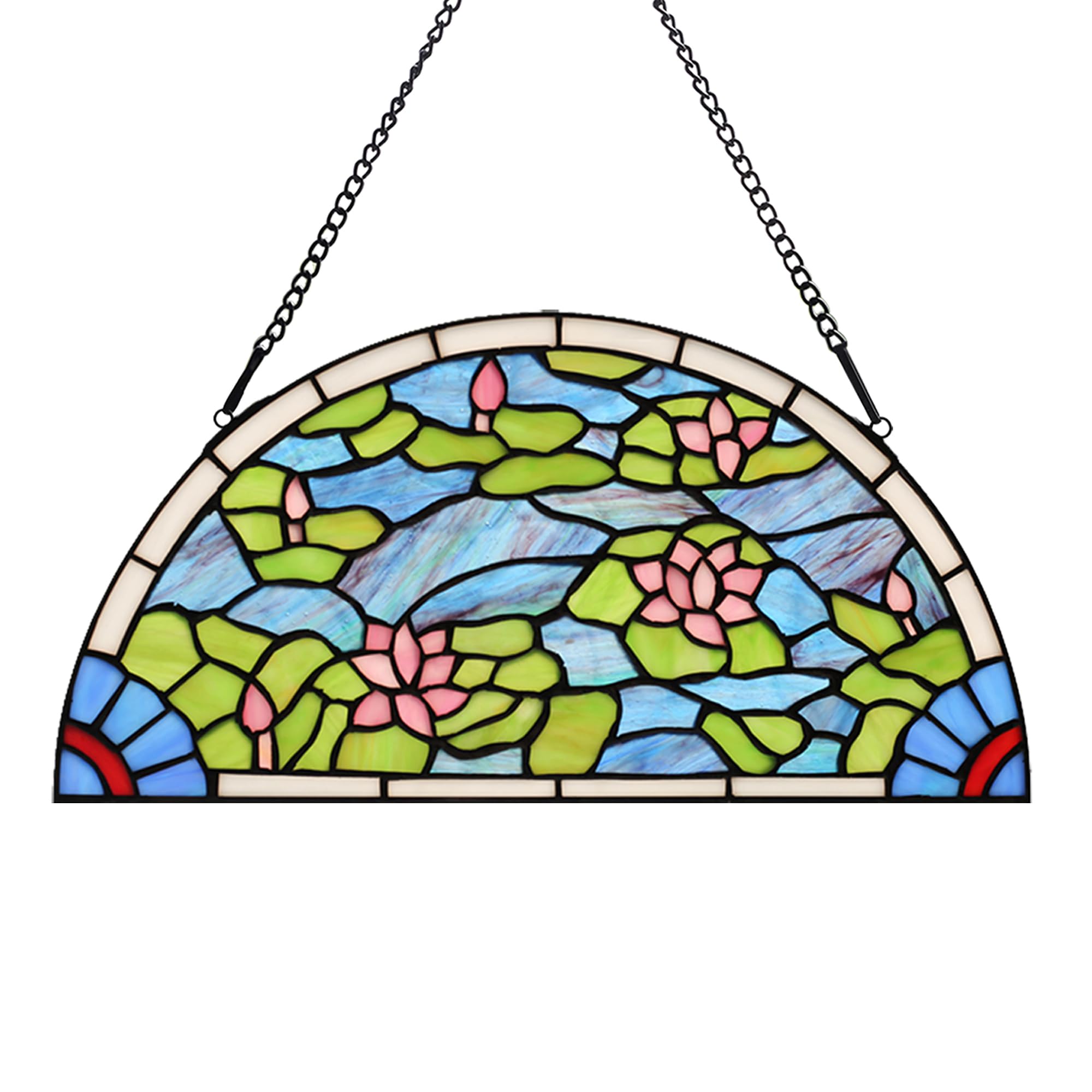 YOURANJU Halbmond-Buntglas-Fensterdekoration, Tiffany-Stil, 40,6 x 20,3 cm, halbrund, Einweihungsgeschenk, Wohnzimmer, Schlafzimmer, Küche, Fenster, dekorative Behänge mit Kette (Lotus)