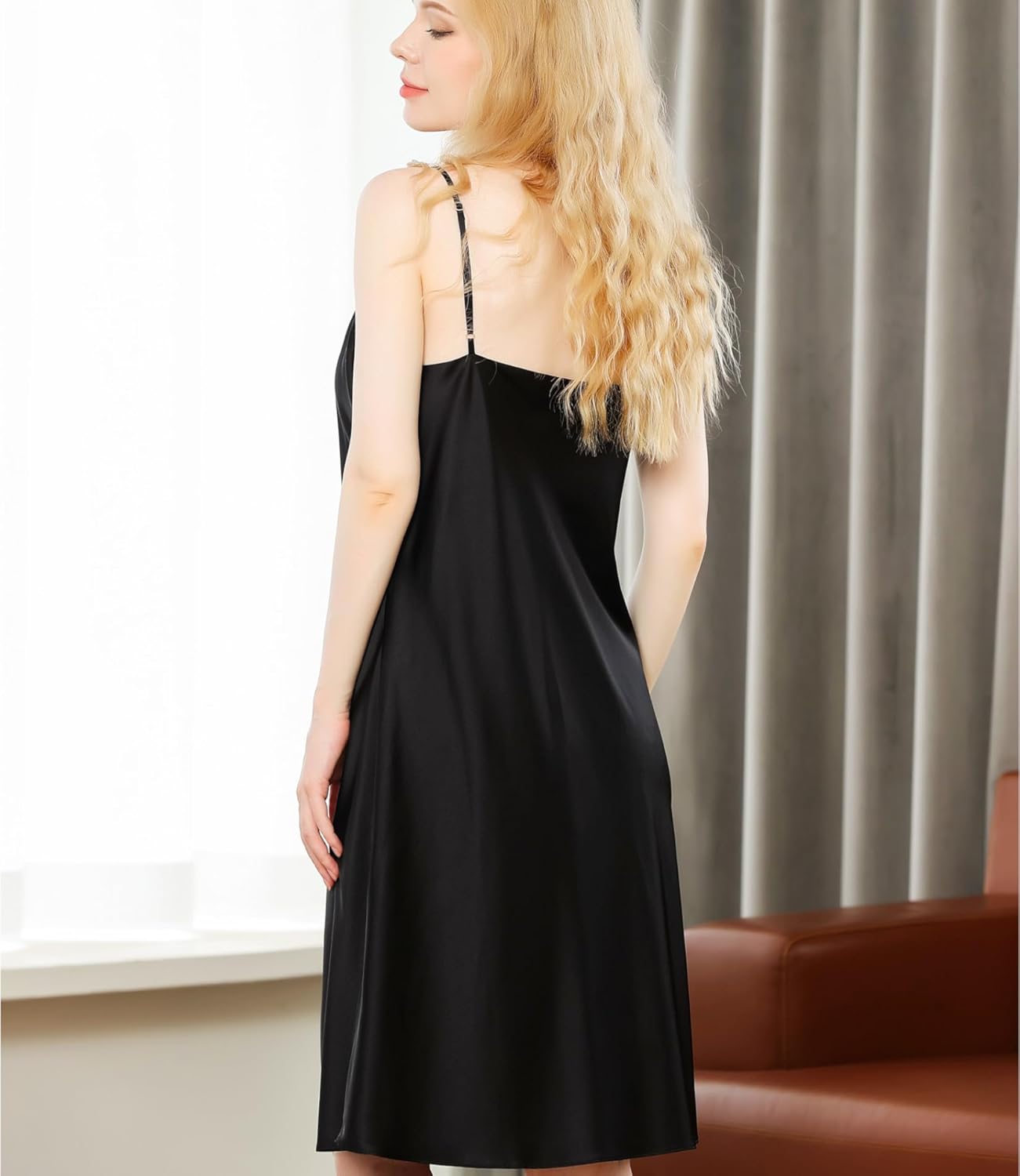 Women’s 19 Momme Mulberry Silk Nightgown V-neck Chemise Knee-length Sleepwear Spaghetti-Strap Nightdress Slip Dress - Image 4