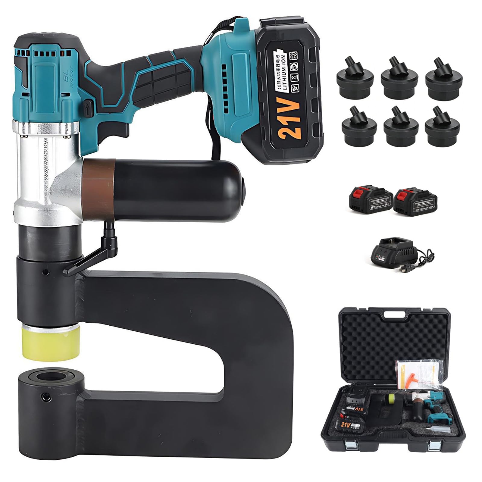 Punzonatrice Idraulica a Batteria 21V, Ovvero Utensile di Punzonatura con 6 Set Punzoni e Matrici, 2 Batterie, Caricabatterie e Custodia, per Metallo, Lamiera d’acciaio e Ferro Angolare MZS 50X