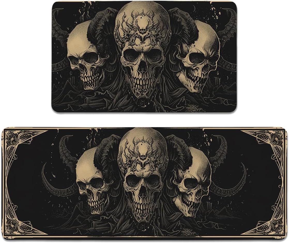 Gothic Skull Kitchen Rugs Set of 2 - Washable Non-Slip Faux Linen Floor Mats(17.7''x29.5''+17.7''x47'') - Kitchen Mats for Home Office Bedroom Bathroom Laundry (Black)