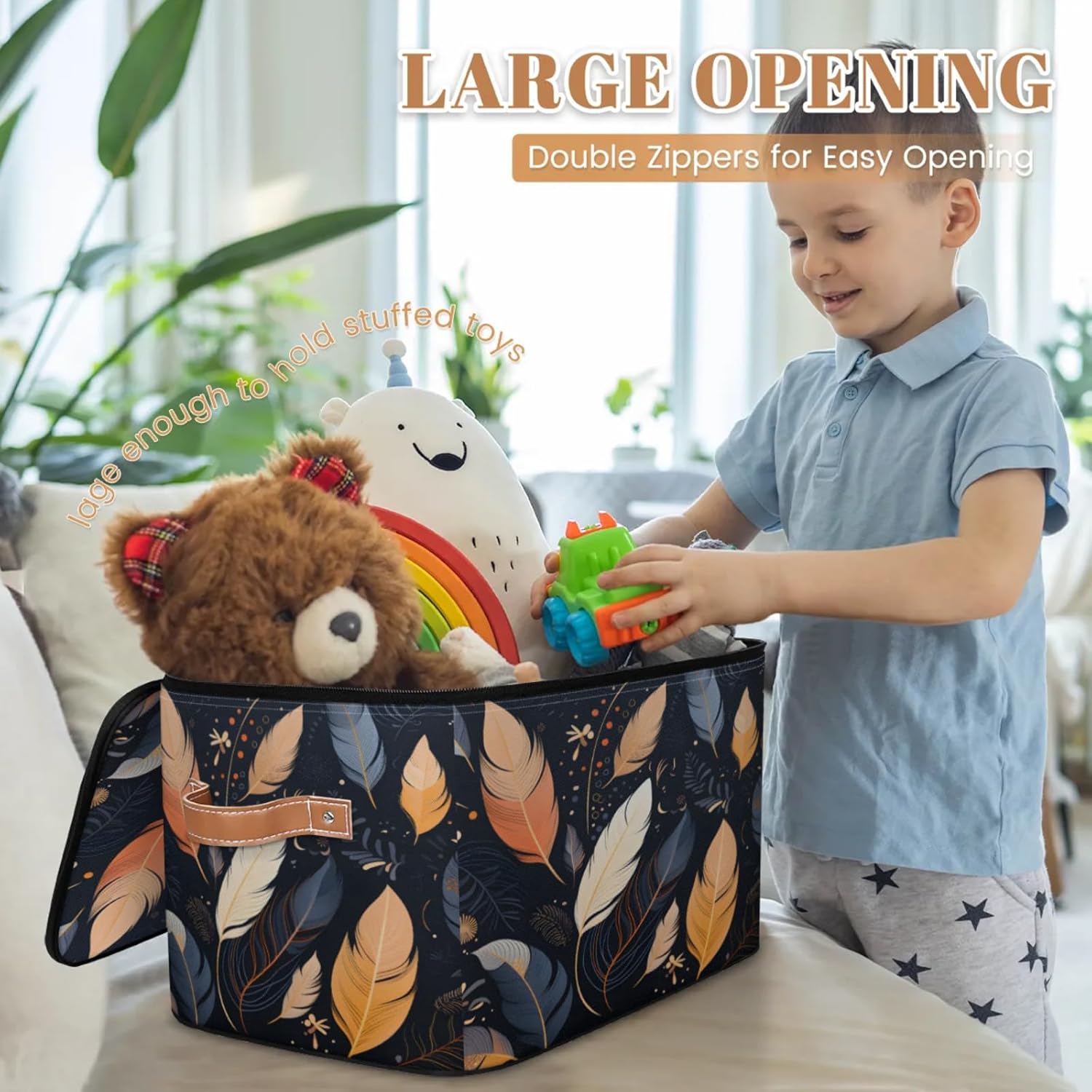 Storage Bin Set of 2 Ethnic Feathers Storage Basket with Zipper Lid & Handle Foldable Closet Shelf 2 Pack Cloth Organizer Basket Cube Bins Clothes Organizer for Nursery, Bedroom