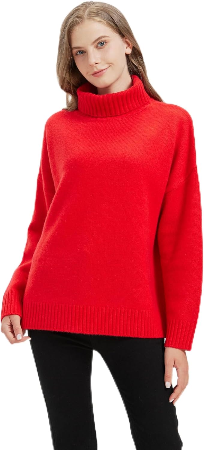 100% Cashmere Turtleneck Sweater for Women, Chunky Knit, Long Sleeve (US, Alpha, One Size, Regular, Regular, Red)