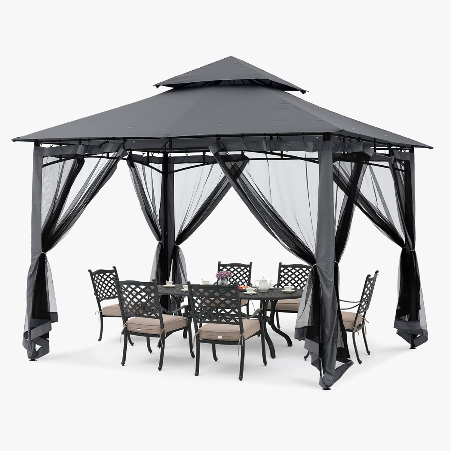 Gazebo with mesh curtains tied back, showing an open configuration