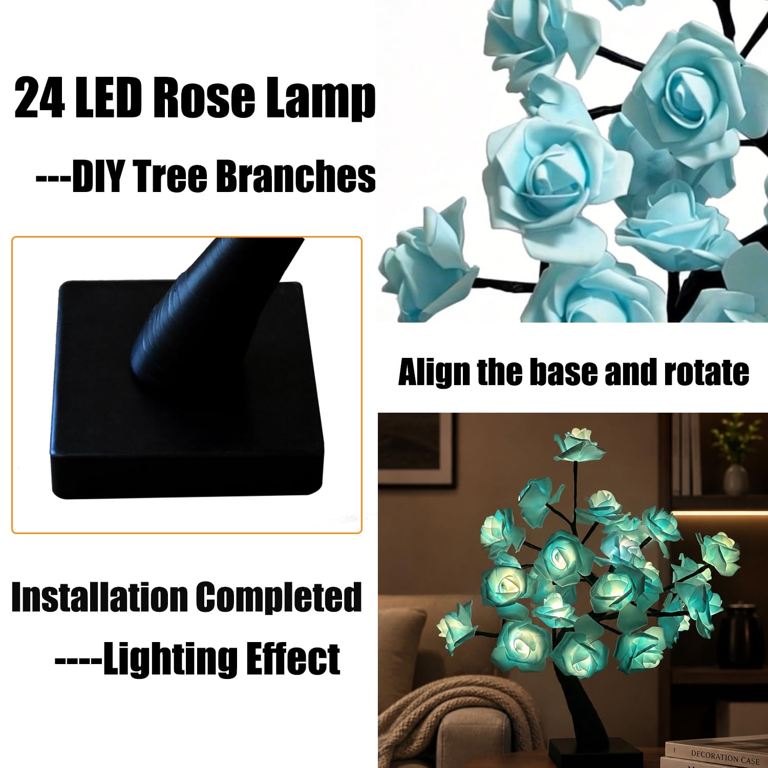 24 luci LED a forma di albero di rosa blu, lampada da tavolo con fiori artificiali bonsai, alimentata a batteria USB, luce notturna romantica per camera da letto, soggiorno, feste, matrimoni, San