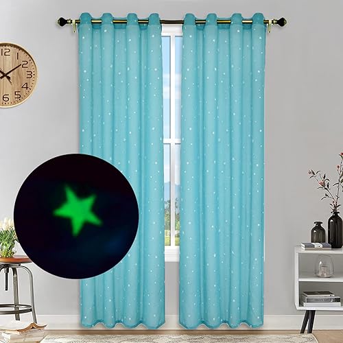 Eimilaly Stars Sheer Curtains Glow in The Dark, Metal Punching Sheer Curtains 84 inches Long Sheer Canopy for Kids Room Decor, 2 Panels/Blue - Blue - 52"W x 84"L (Pack of 2)