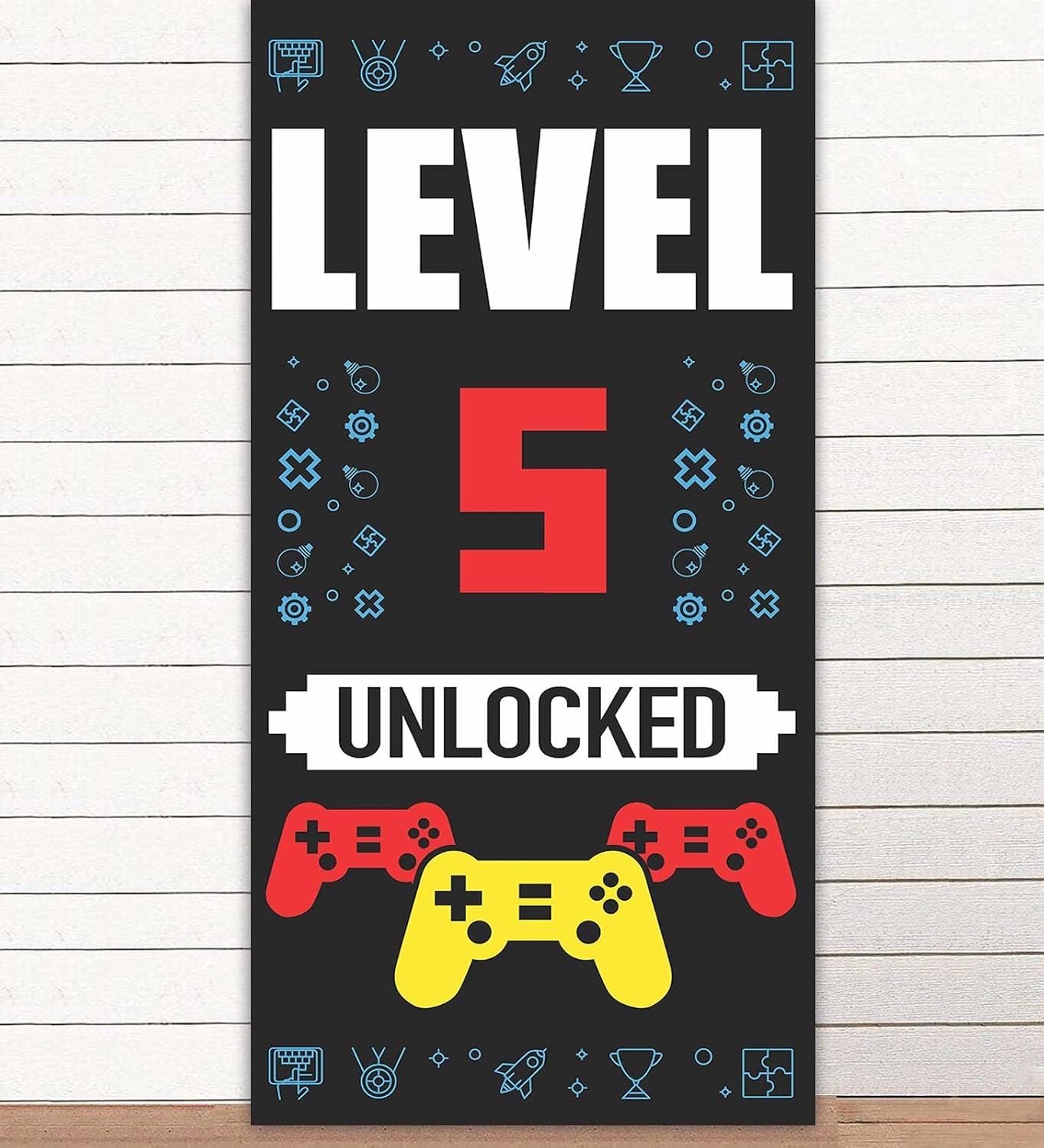 Level 5th Unlocked Happy 5th Birthday Level Up Banner Backdrop Background Photo Booth Props Video Games Gamepad Theme Decor for Boys Girls 5th Birthday Party Favors Supplies Decorations