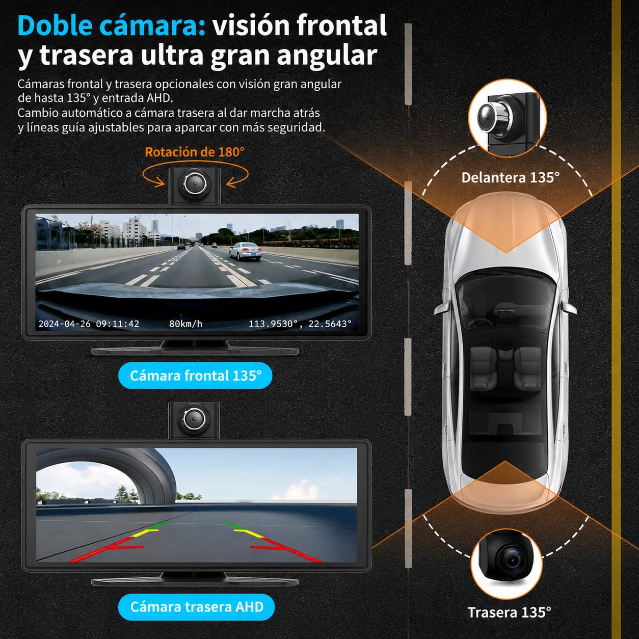 Pantalla CarPlay Coche 10,26", Pantalla Portátil para Coche con CarPlay Inalámbrico y Android Auto, Dash CAM 4K, Admite Cámara Trasera 1080P, IPS Táctil, Mirror Link, BT/FM/AUX, 64GB TF, 12V/24V