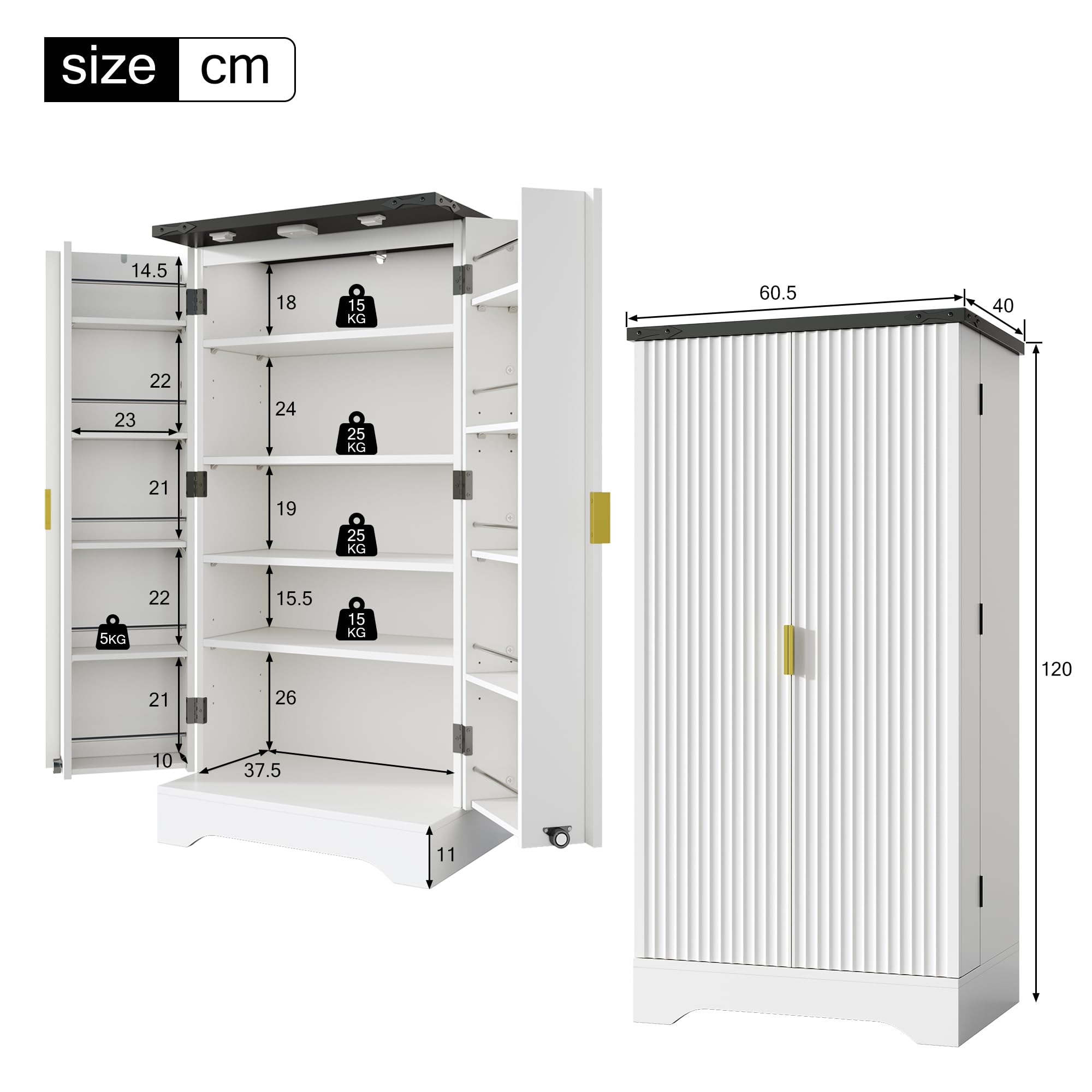 Küchenschrank mit Gewürzregal – Moderner Doppeltür-Hochschrank 120x60.5x40cm, Verstellbare Regalböden, Holzmaserung-Finish, Stauraum für Küche & Esszimmer (Weiß)