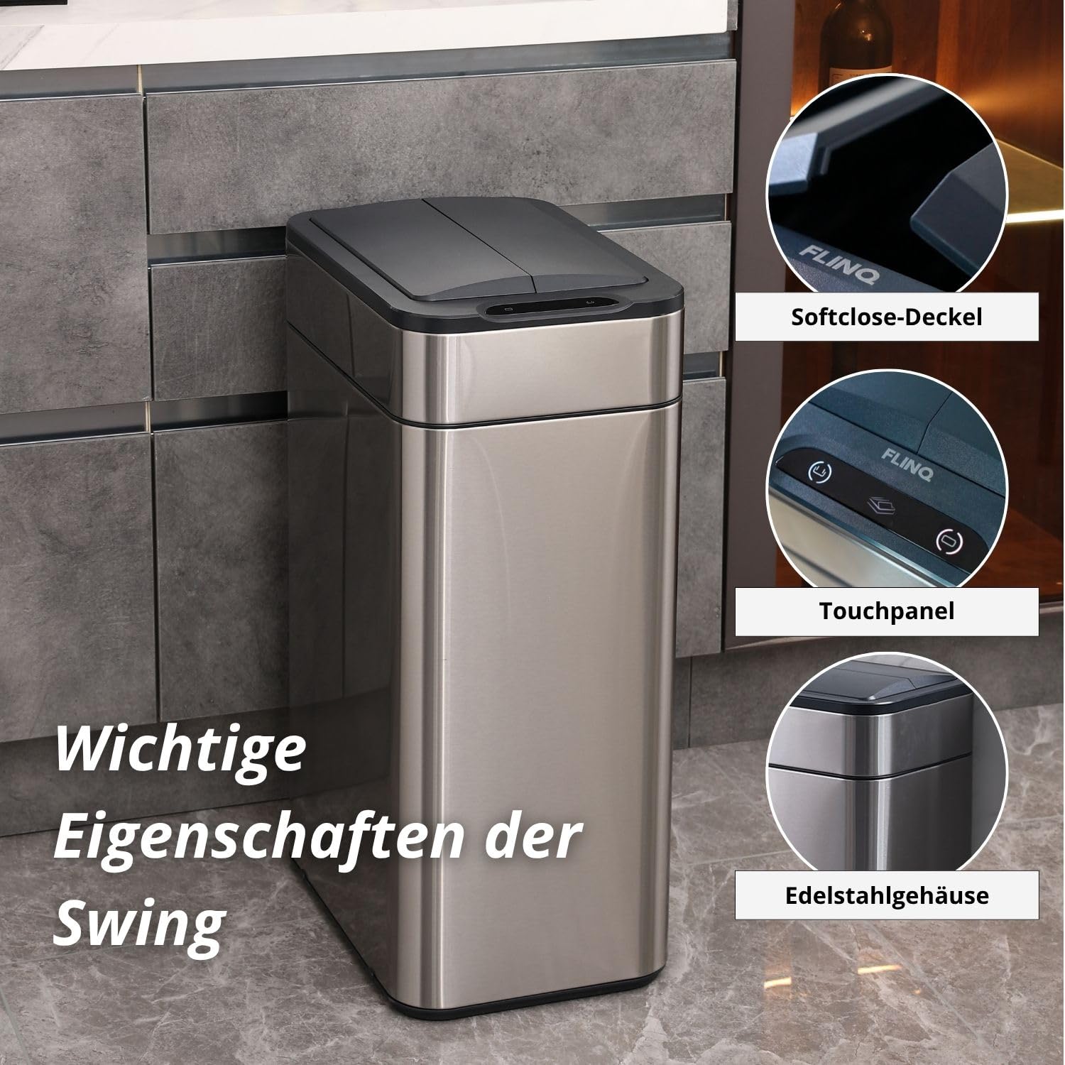 FLINQ 60L Sensor Mülleimer aus Edelstahl – Automatischer Küchenmülleimer mit Bewegungs­sensor – Großer Abfalleimer für Küche – Soft-Close Deckel - Silber