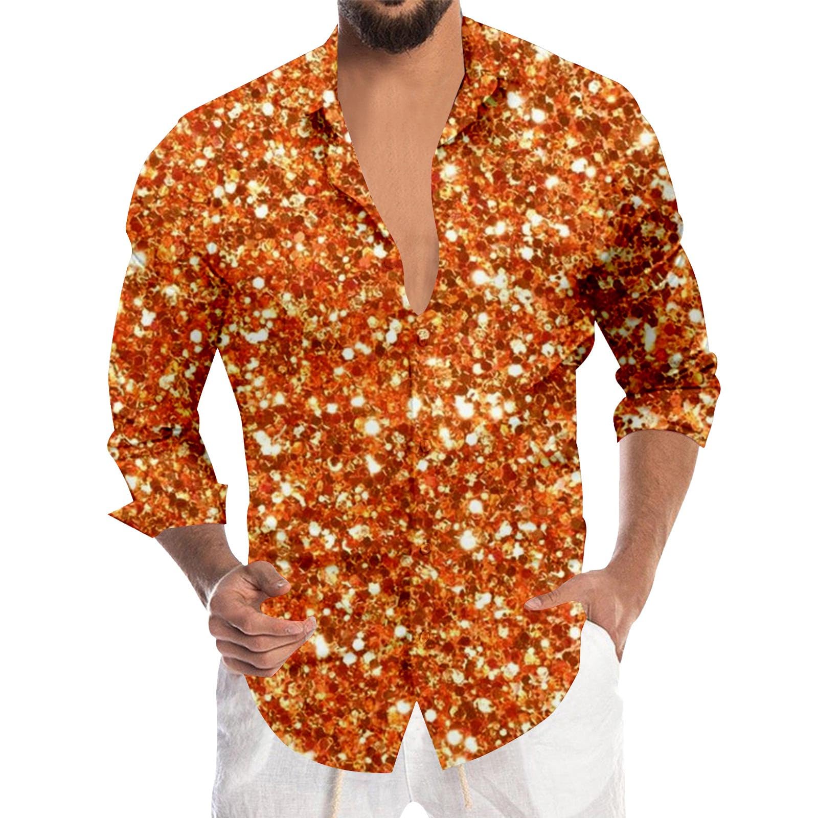 Glitter Shirt Men's Sequin Metallic Shiny Slim Fit Satin Long Sleeve Casual Business Shirts for Carnival Night Club 70s Disco Party Fancy Dress Costumes Gold โ image 1