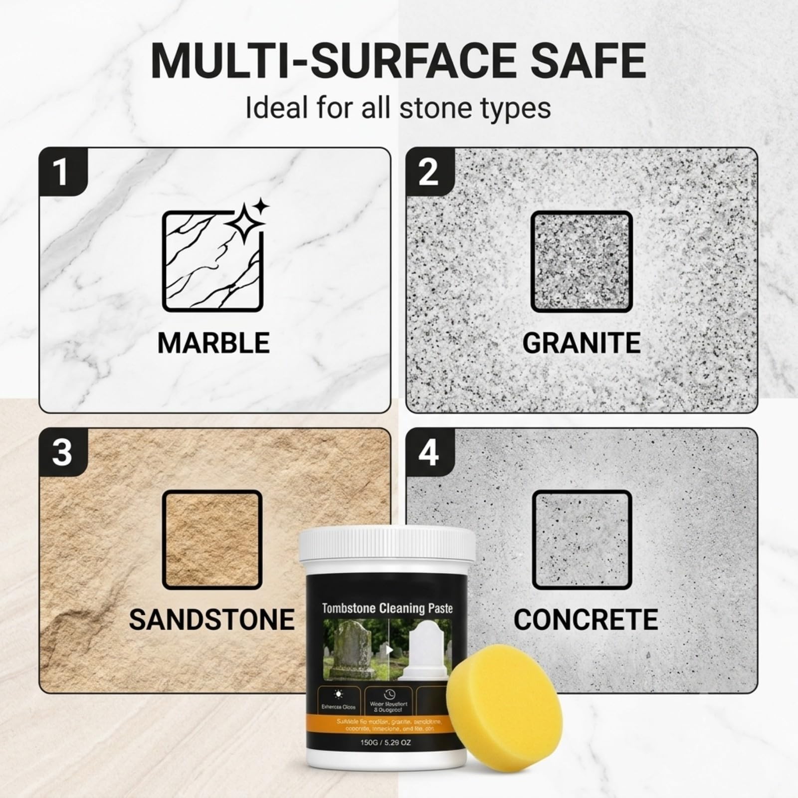 Kit de limpieza de lápidas con esponja – Pasta de cuidado de lápidas para mármol, granito y arenisca, limpiador de piedra multiusos y crema pulidora, quitamanchas y restaurador para lápidas al aire
