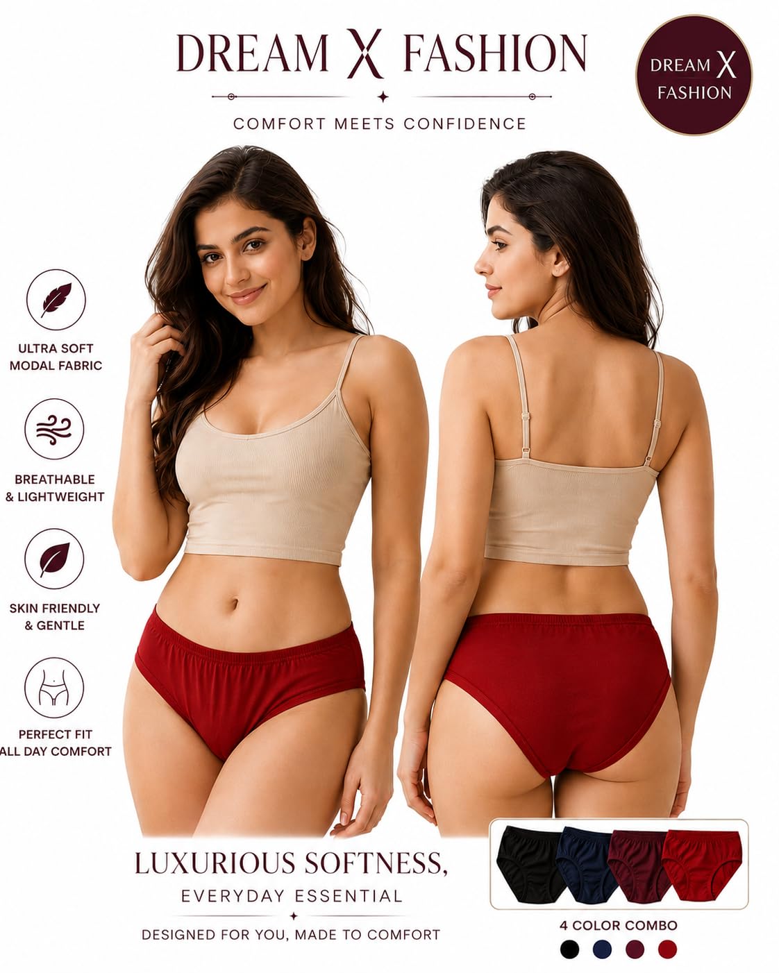 dream x fashion Women's Cotton Modal Bikini Panties | Ultra Soft, Breathable, Stretchable | Mid Rise Comfortable Innerwear | 4 Color Combo Pack-picture-12