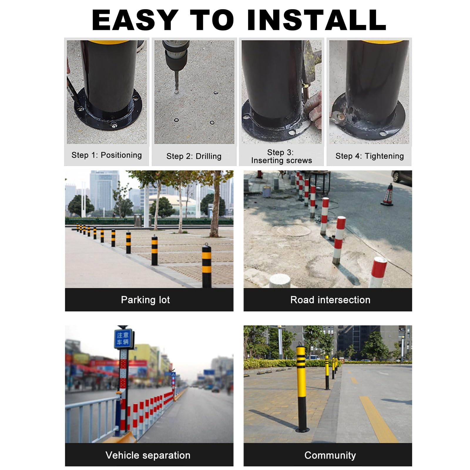 Bollard de Sécurité en Acier 60 cm, Colonne Anti-Collision Réfléchissantes, Barrière de Stationnement, pour Parkings, Allées, Garages, Allées