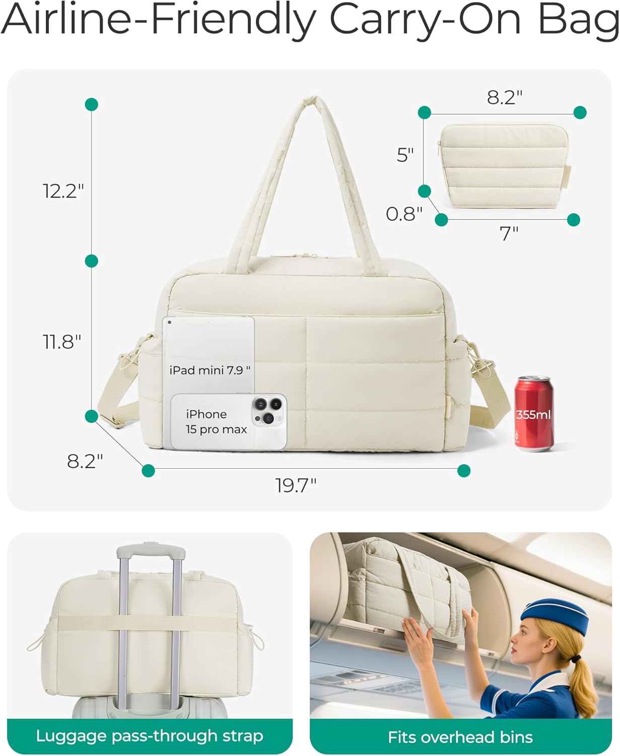 BAGSMART Gym Bag for Women, Lightweight Puffer Duffle Bag 2-PC Travel Bag, 31L Weekender Overnight Bag Quilted Carry On Tote Bag, Diaper Hospital Dance bag for Travel, Gym, Water Resistant, Beige - Image 3