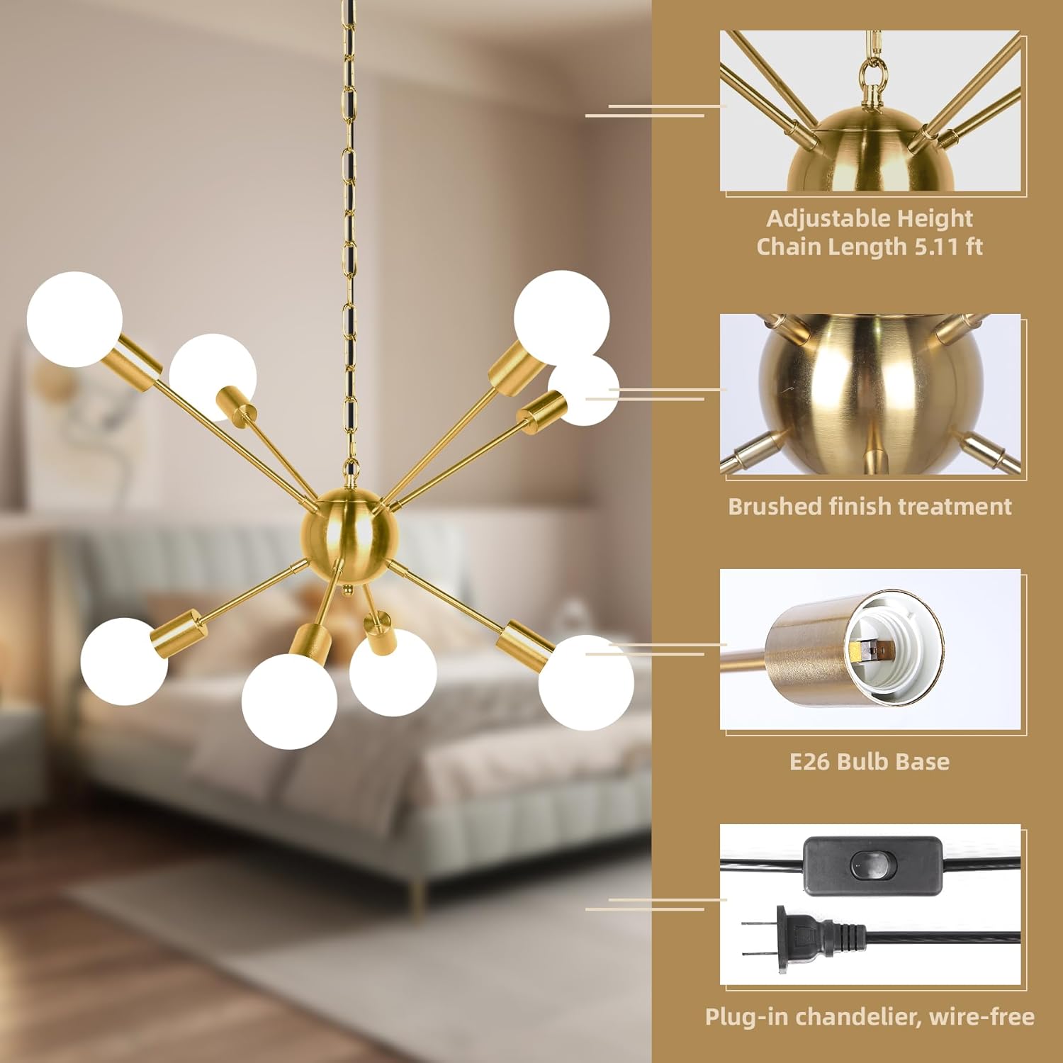 CHENBEN Sputnik Chandeliers,Gold Plug in Ceiling Light with Cord,8 Light Plug in Chandelier for Dining Room,Hanging Lights with Cord 16.4ft for Living Room, Kitchen, Entryway,Foyer