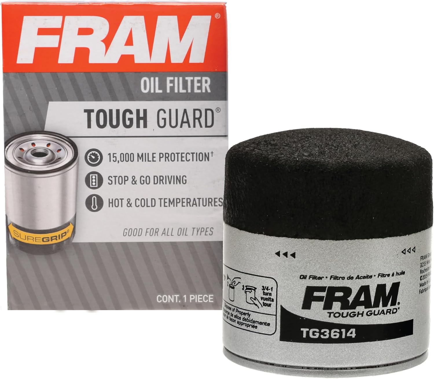 FRAM Tough Guard TG3614 15K Mile Change Automotive Replacement Interval Spin-On Engine Oil Filter for Select Vehicle Model Years, Superior Vehicle Engine Protection Oil Filter