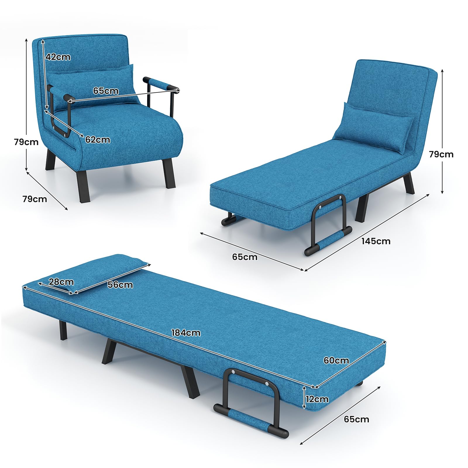 GIANTEX fotel do spania, składany, z podłokietnikami i poduszkami, 5-stopniowa regulacja oparcia, rozkładana sofa, fotel rozkładany do łóżka, fotel funkcyjny (niebieski)
