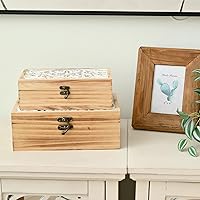 Vista 2 de Wooden Storage Box Set of 2 - Hand Carved Floral Decorative Boxes with Hinged Lids - Solid Pine Keepsake Organizer for Jewelry, Photos, and Rustic