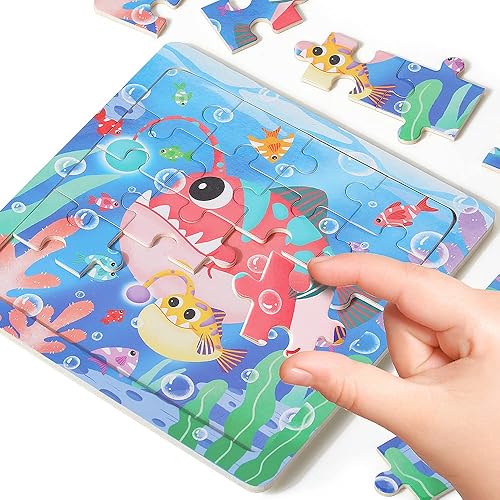 Miniatura 3 de GRINNNIE - Rompecabezas de madera para niños pequeños de 3, 4, 5 años, 12 piezas, rompecabezas de animales del océano, juguetes de aprendizaje