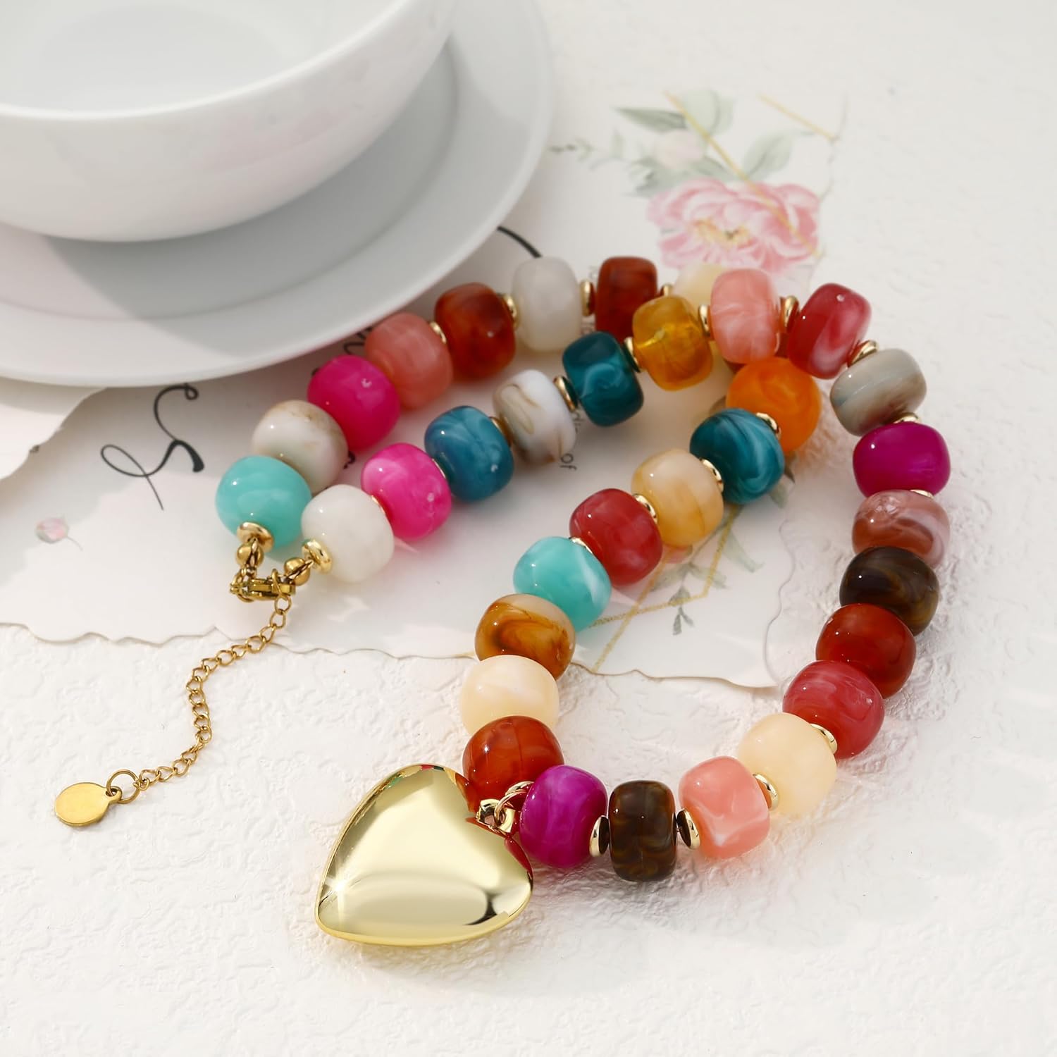 Chunky Gold Heart Necklace for Women, Trendy Mom 1111 Heart Charm Toggle Statement Paperclip Chain Beaded Choker Necklaces Mothers Birthday Day Y2K Jewelry Gift